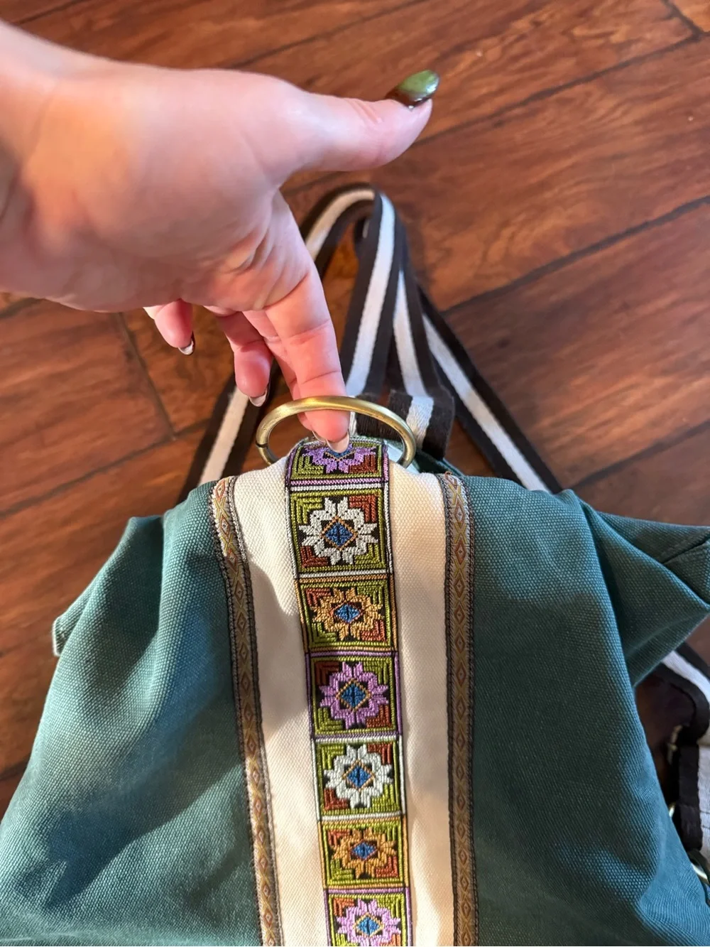 Teal Embroidered Canvas Shoulder Bag